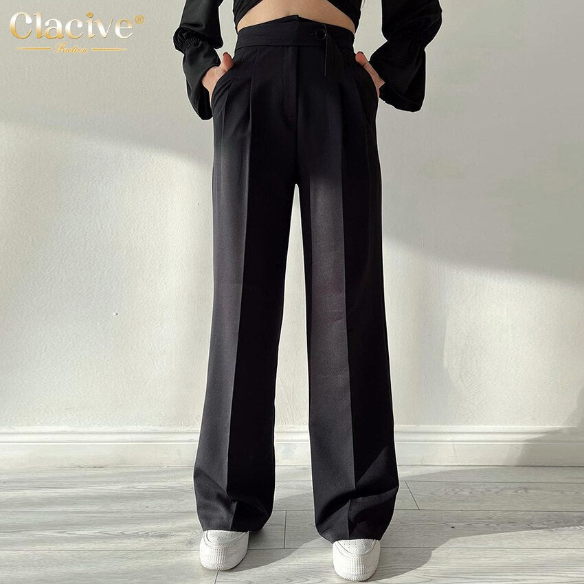 Clacive Casual Loose Brown Straight Pants Ladies Fashion Pleated High Waist Pants Elegant Full Length Summer Trouser For Women