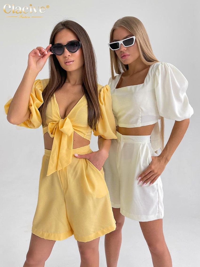 Clacive Sexy Puff Sleeve Crop Top Two Piece Set Women Summer Bodycon High Waisted Shorts Set Elegant White Suits With Shorts
