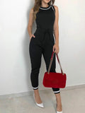 Clacive elegant Contrast Binding Tie Waist Casual Jumpsuit Women Rompers Sleeveless Summer One Piece Overall