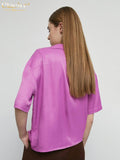 Clacive Summer Purple Satin Women'S Blouse Fashion Loose Lapel Short Sleeve Office Shirts Elegant Chic Tops Female Clothing