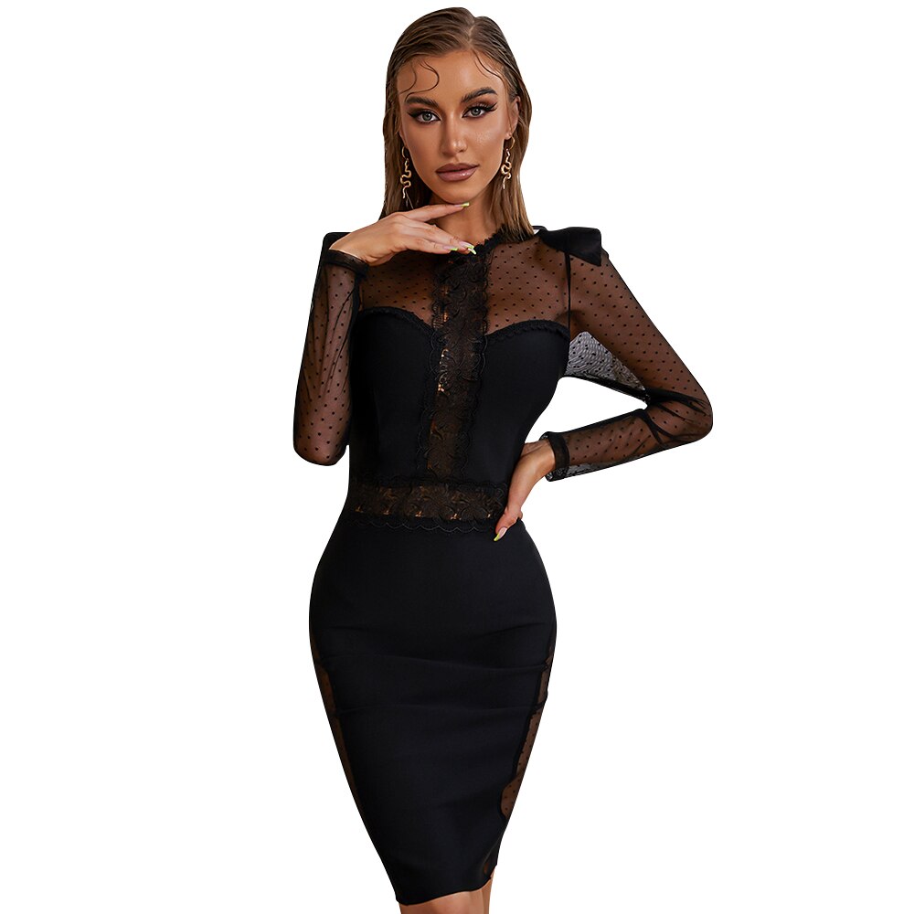 Clacive Long Sleeve Women Night Club Dot Bandage Dress  New Winter Sexy See Through Lace Celebrity Elegant Evening Party Dress