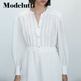 Clacive   New Spring Autumn Fashion Long Sleeve Dress White Solid Color Belt Women Simple Casual Elegant Mini Dress Female