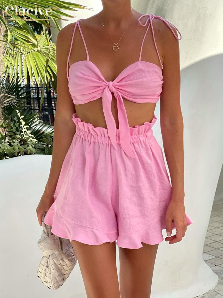 Clacive Sexy Backless Crop Top Set Of Two Pieces For Women Summer Bodycon High Wasit Shorts Set Female Fashion Pink Shorts Suits