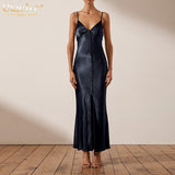 Clacive Sexy V-Neck Strap Satin Midi Dresses Fashion Sleeveless Backless Women'S Dress Vintage Solid Buttons Party Robe Longue