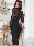 Clacive Long Sleeve See Through Women's Bandage Dress Sexy Hollow Out High Neck Black Evening Celebrity Bodycon Club Party Dresses