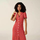 Clacive Red Floral Midi Dress Woman Summer Turn-Down Collar Single Breasted Long Dresses Holiday Female Vintage Elegant Robes Fashion