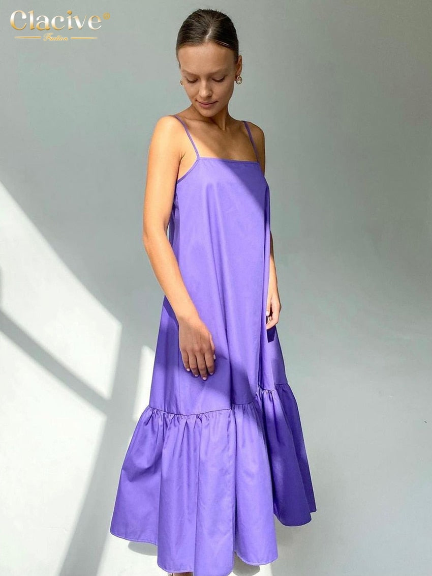 Clacive Casual Loose Spaghetti Strap Midi Dress Ladies Sexy Sleeveless Purple Summer Dress Elegant Drape Dresses For Women
