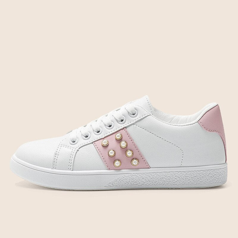 Clacive Women Casual Flat Skate Shoes Ribbon Lace Up Sneakers 24 Style Comfortable Round Head Non-Slip Design White Pink For Woman Girl