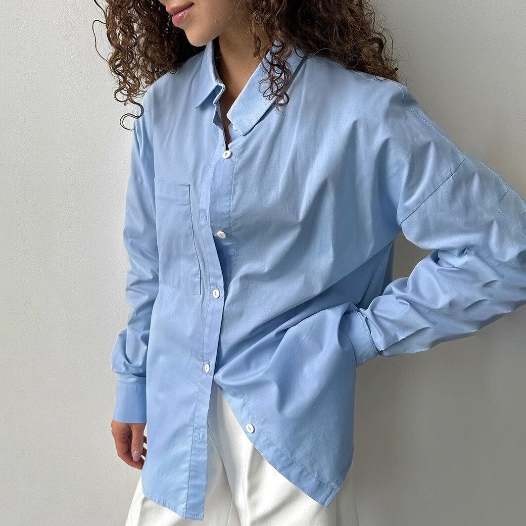 Fall outfits Blue Pocket Women's Blouse Long Sleeve Turn Down Collar Casual Simple Autumn Clothing Top Fashion Chic Shirt 2023 Female Blouses