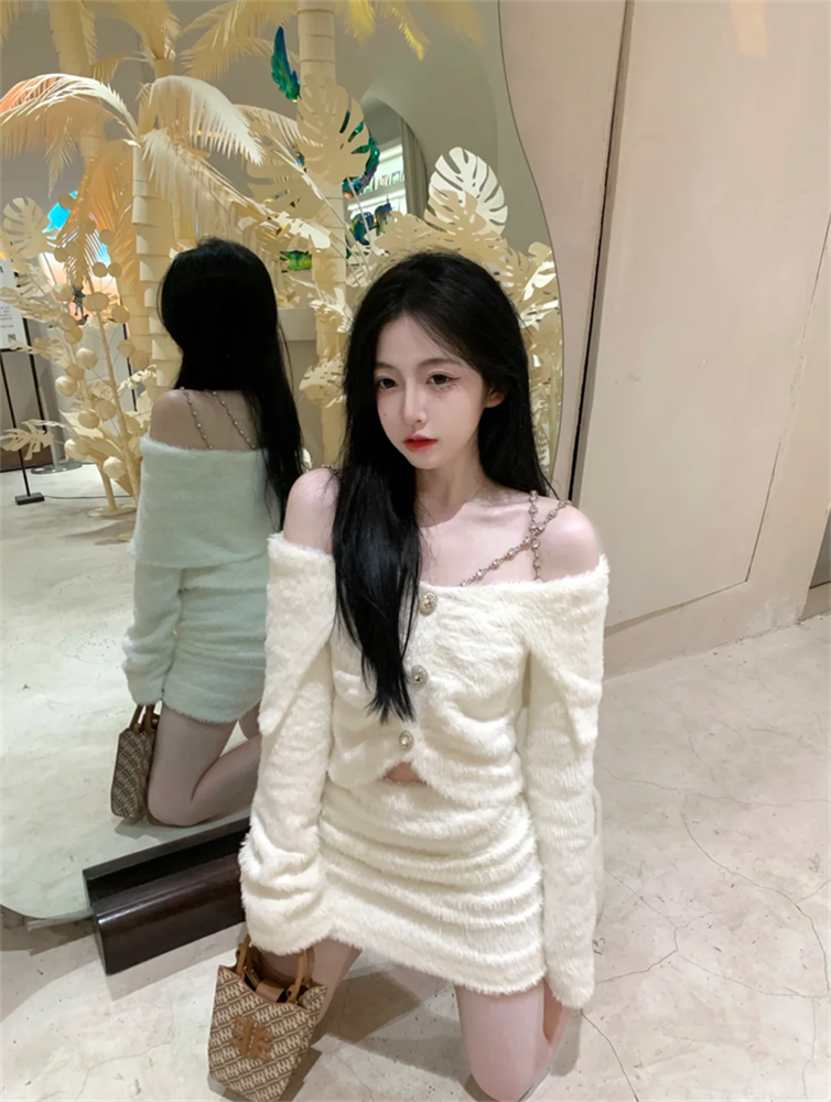 Clacive Sexy Knitted 2 Two Piece Set Women Outfits Slash Neck Cross Strap Sweater Crop Top + Mini Bodycon Skirt Suits Ensemble Femme