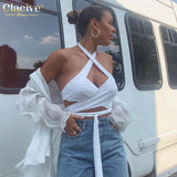 Clacive Sexy Backless Crop Top Women Bodycon Halter Sleeveless Camisole Fashion White Bandage Camis Vest Female Clothing