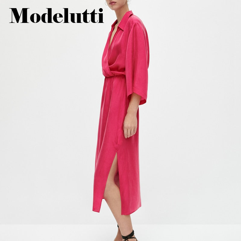 Clacive   New Spring Summer Fashion V-Neck Elastic Waist Slim Dress Women Solid Color Temperament Simple Casual Female
