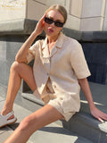 Clacive Fashion Linen Women'S Summer Suits Casual Loose Short Sleeve Blosue With Shorts Set Elegant Office Suits With Shorts