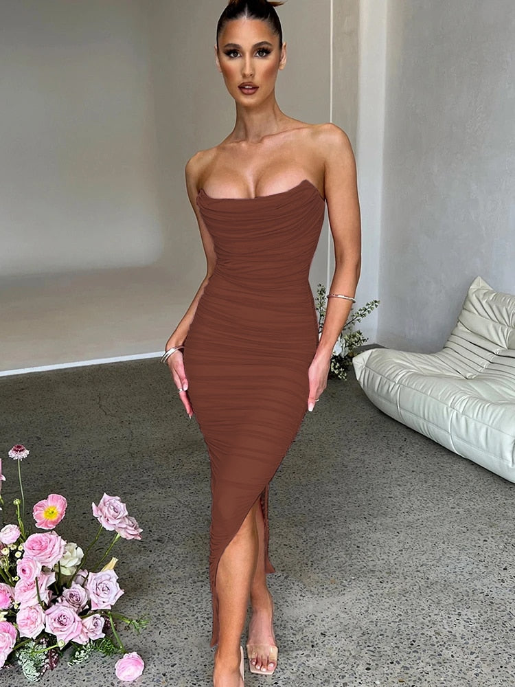Clacive barbie outfites elegant  Bodycon Maxi Dress for Women 2023 Mesh  Robe Strapless Backless Sleeveless Split Club Party Pink Evening Dress Long