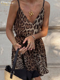 Clacive Sexy V-Neck Leopard Print Summer Dress Ladies Fashion Sleeveless  Mini Dress Elegant Loose Party Dresses For Women