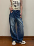 Clacive Harajuku Printed Cargo Jeans Y2K Dark Blue Brown High Waist Streetwear 90S Baggy Trousers Women Pants Straight Wide Leg Pants