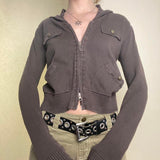 Clacive Y2k Zipper Knitted Hoodies Retro Pocket Jumper Coat Women Button Korean Cargo Jackets Full Sleeve Harajuku Outwear