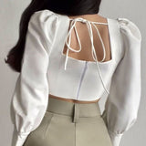 Clacive Elegant Solid Color Puff Sleeve Crop Top Y2K Square-Neck Lace Up Summer Women Tops Sexy Backless Ladies Party T-Shirts