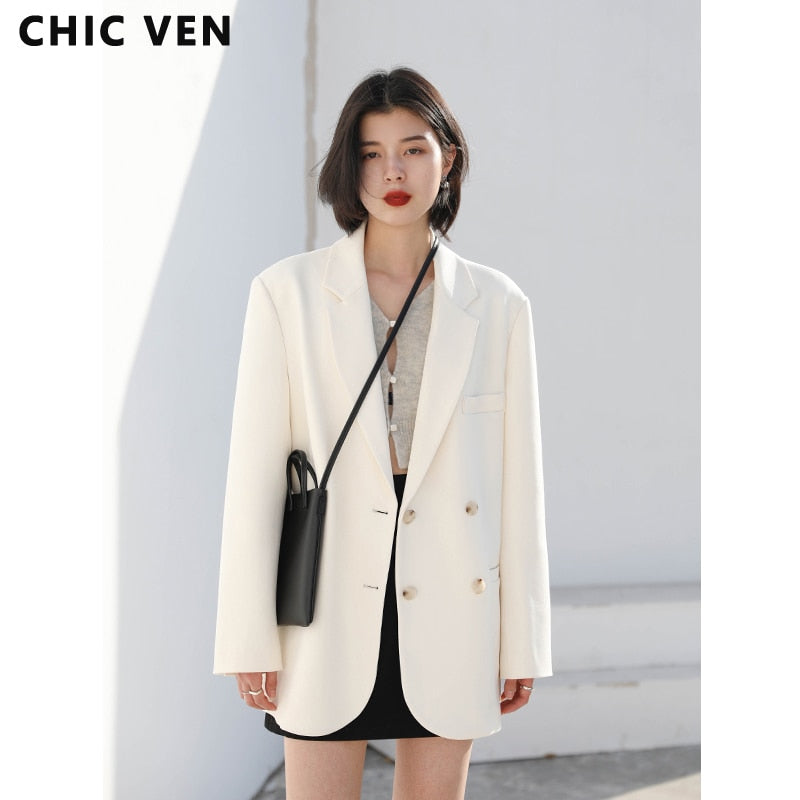 Clacive   Fashion Women's Blazer Office Lady Long Sleeve Double-Breasted Mid-Length Casual Coat Ladies Outerwear Stylish Top