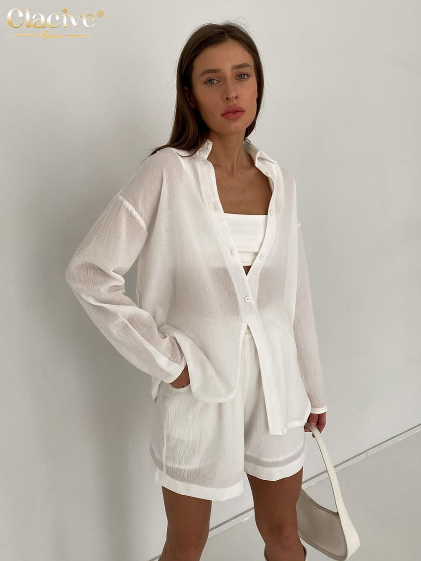Clacive Summer Long Sleeve Shirts Womens Two Peice Sets Sexy White High Waist Shorts Sets Elegant See Through Suits With Shorts