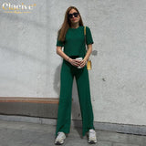 Clacive Fashion Short Sleeve T-Shirts Set Woman 2 Piece Summer Bodycon Green Pants Set Lady Elegant Slim High Waist Trouser Suit