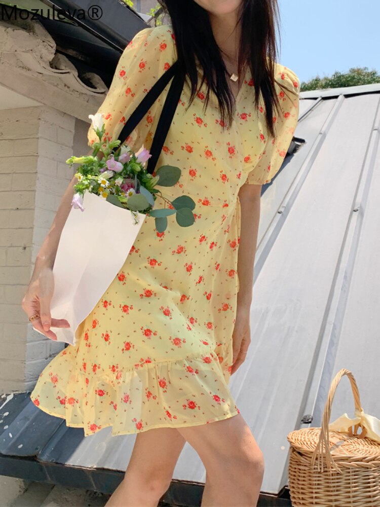 Clacive  Elegant V-Neck Floral Ladies Mini Dress  Summer Short Sleeve Slim Waist Lace-Up Women A-Line Dresses Vestidos