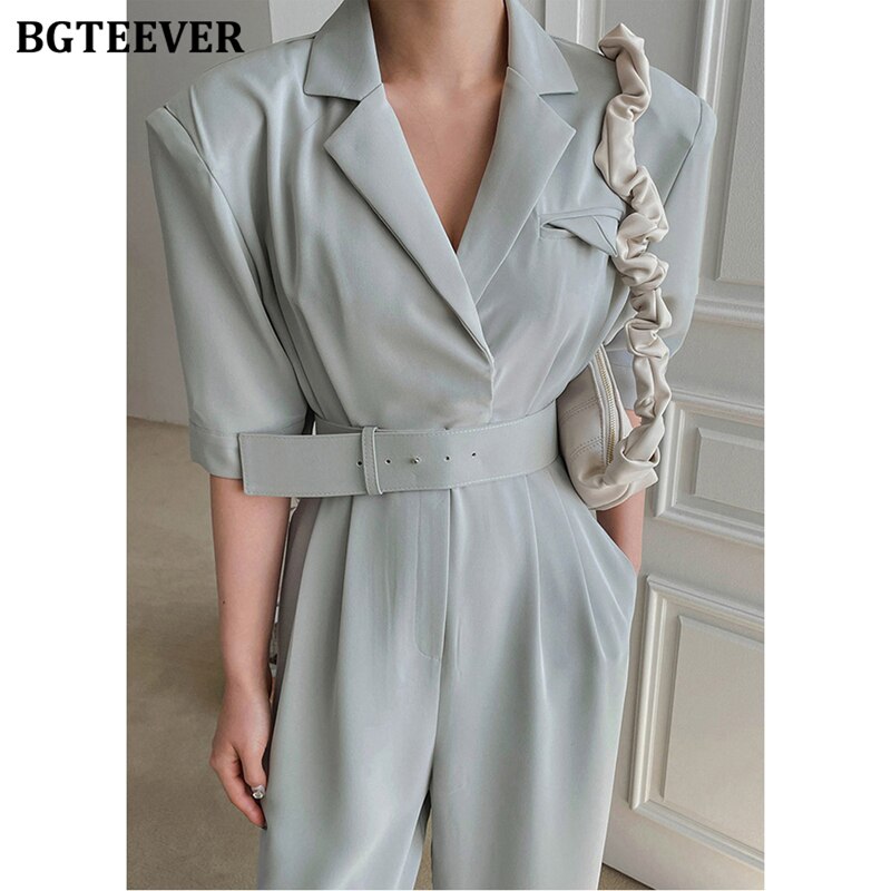 Notched Short Sleeve Women Playsuits Belted Ladies Wide Leg Trousers Jumpsuits Summer Female Rompers