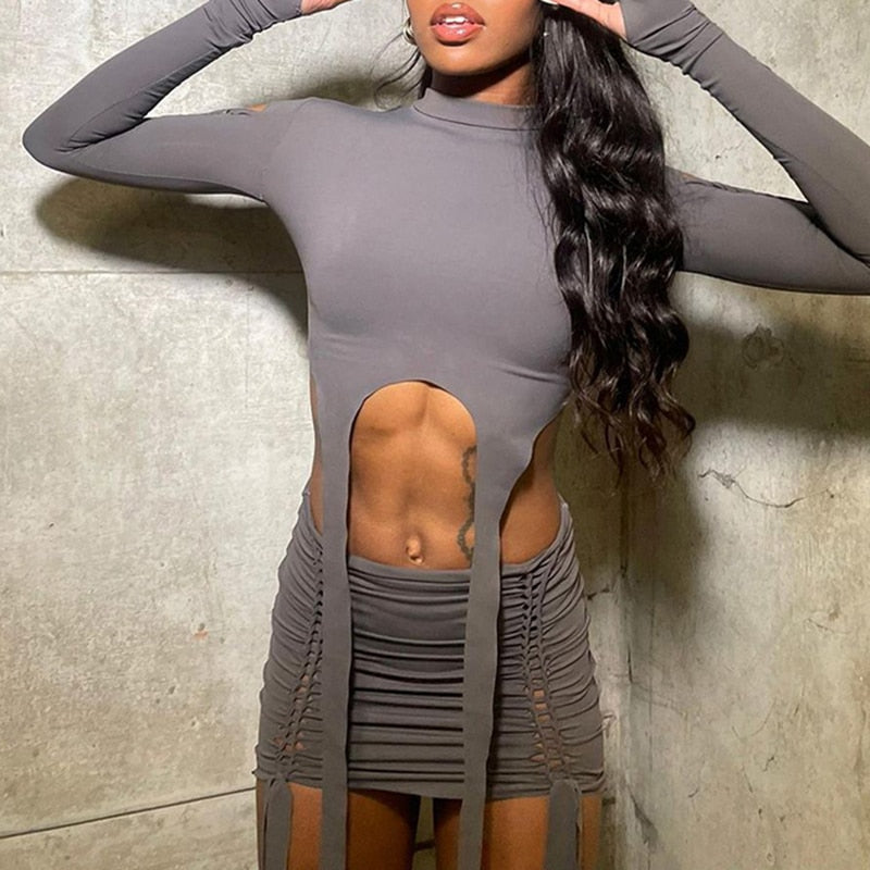 Clacive Y2k Hollow Out Matching Sets Full Sleeve Crop Top And Mini Skirts Tracksuits Women Sporty Street Two Pieces Sets Fall