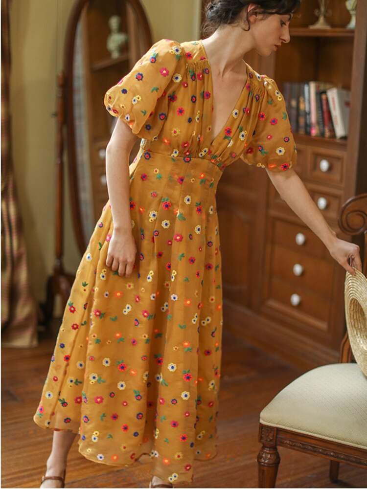 Clacive  Spring Summer Ginger Yellow Dress  Women Vintage Elegant Slim Sexy V-Neck Embroidery Floral Dress Puff Sleeve Dress