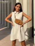 Clacive Fashion Lapel White Dress Woman Summer Bodycon Sleeveless Office Mini Dresses Elegant Simple Classic Female Dress