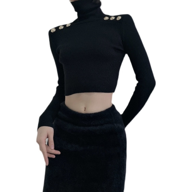 Designer Retro High-Neck Pullover Long-Sleeved Gold Button Bottoming Sweater Sexy Slim Short Top Navel Female Y2K