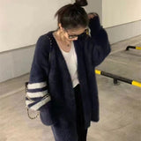 Fall outfits Mink Cashmere Striped Cardigans Loose Women Knitted Sweater Knitwear Thick Casual Winter V-neck Single Breasted Outwear O235