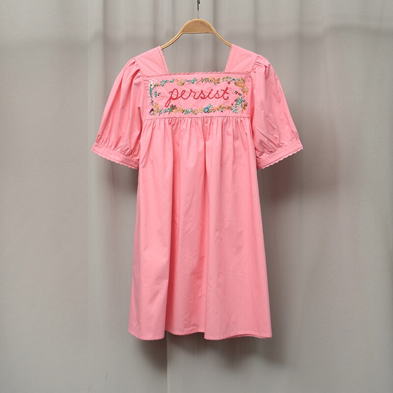 Clacive Embroidered Pink Dress Summer Women Elegant Short Sleeve Square Collar Loose Dresses Ladies Vintage Casual Mini Robes Fashion