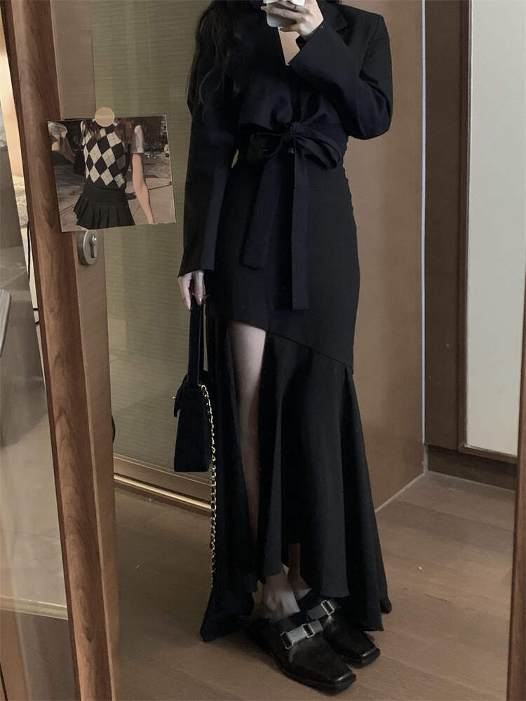 Clacive Spring Black Two Piece Set Women Lace-Up Short Suit Jacket Crop Top + Sexy Irregular Ruffled Long Skirt Suits 2 Piece Outfits