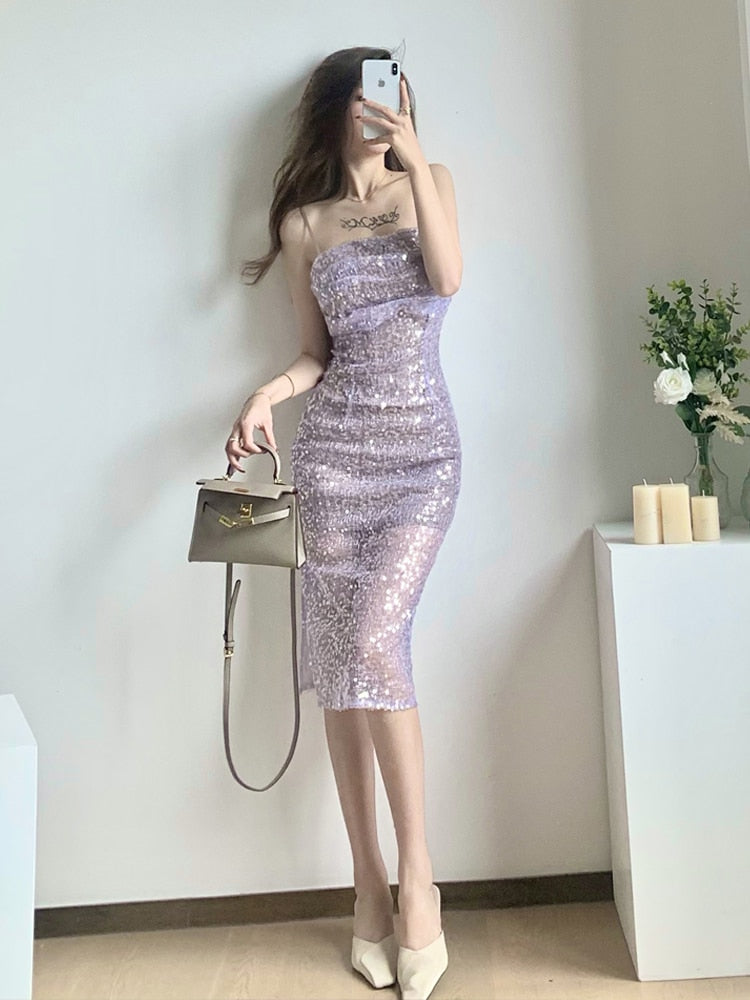 Clacive New Sequined Prom Dresses Women Sexy Slim Pleated Strapless Long Dress Party Evening Ladies