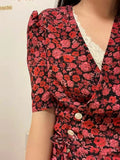 Clacive  New Women Rose Print Wrap Midi Dress V-Neck Short-Sleeved Female Side Slit Long Robes For Holiday