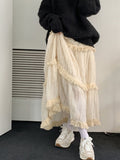 Fall outfits Korean Lace Long Skirt Women Vintage Cute High Waist Loose Fairycore Tassel Patchwork A-Line Midi Skirt Mori Girl Autumn