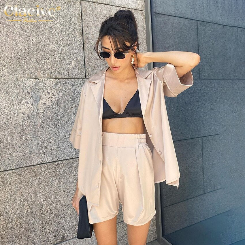 Clacive Casual Short Sleeve Shirts Summer Women'S Suit 2 Pieces Loose White High Wasit Shorts Set Elegant Home Suits With Shorts