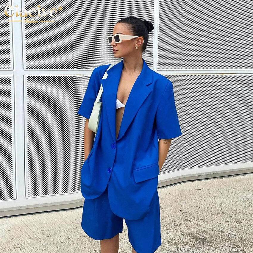 Clacive Fashion Blue Office Women'S Suit Summer Loose High Waisted Shorts Set Female Elegant Short Sleeve Blazer Two Piece Set
