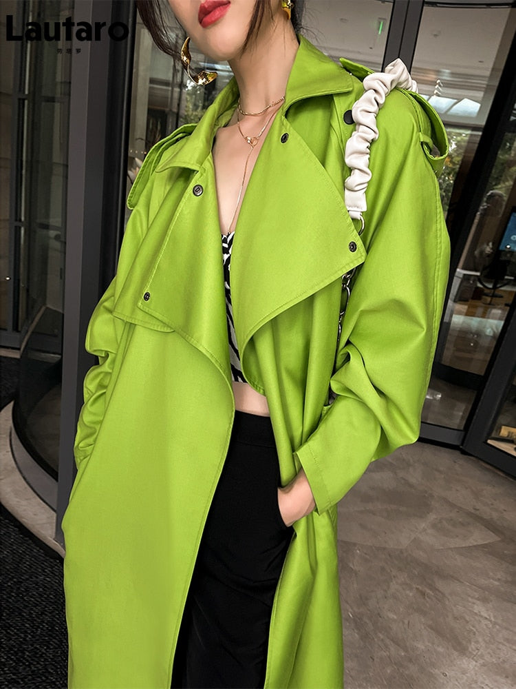 Clacive  Spring Autumn Long Oversized Bright Green Faux Leather Trench Coat For Women Belt Loose Stylish Luxury Designer Clothing
