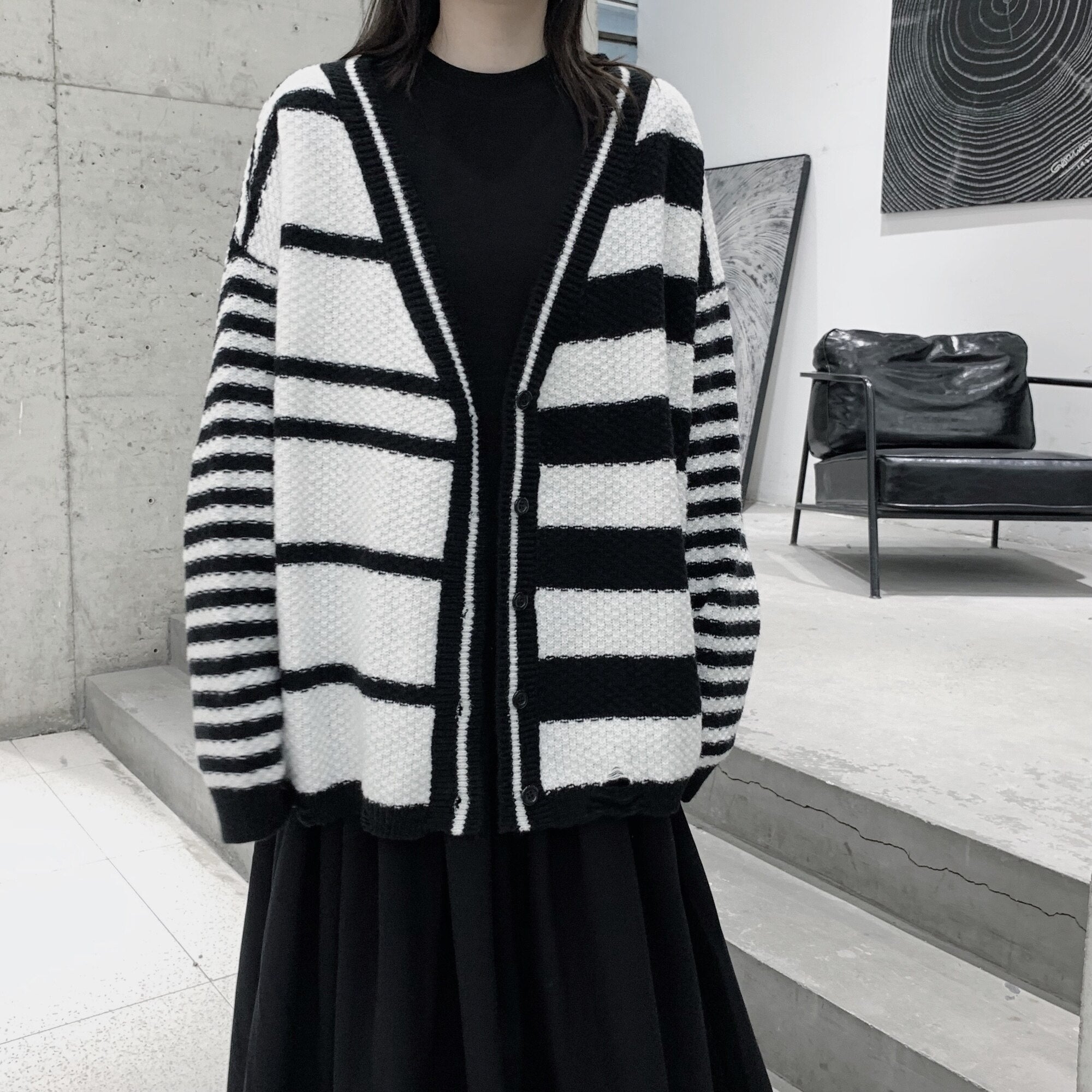 Dark Niche Asymmetric Striped Sweater Long-Sleeved Thick Thin Striped Knitted Cardigan Top Men Women Y2K