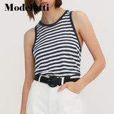Clacive   New Summer Fashion Women Linen Striped Sleeveless Round Neck T-Shirt Vest Slim Wild Simple Casual Tops Female