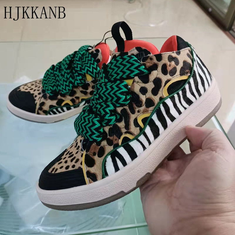 Clacive  Flat Thick Sole Daddy Shoes Women Leopard Mixed Color Patchwork Lace Up Lover Casual Shoes Spring Autumn Sneakers Unisex