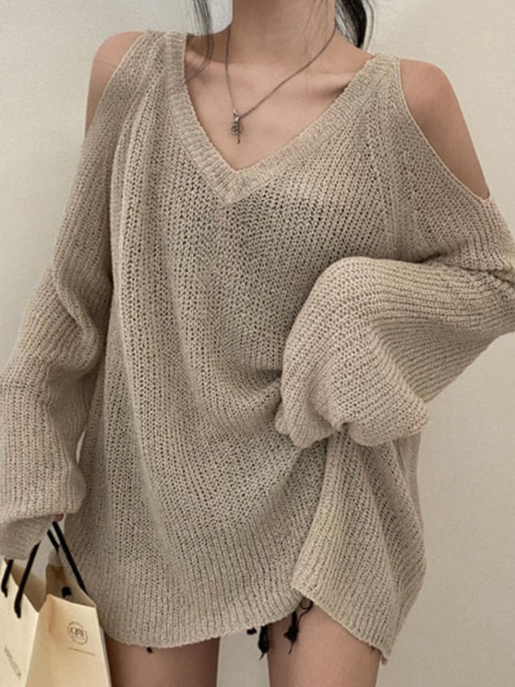 Back to school  High Street Knitted Sweater Women Korean Retro V-neck Off Shoulder Jumper Loose All-match Casual Sunscreen Elegant Tops