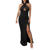 Fall outfits Women Summer  Long Bodycon Dress Sleeveless Blackless  Cross Halter Neck High Slit Party Club Skinny Dress