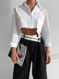 Fall outfits back to school 18 Patchwork Wide Leg Pants Women Black Contrast Casual High Waist Pants Spring Summer 2023 Baggy Trouser Office Ladies