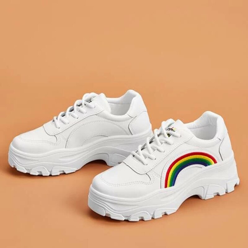 Clacive  Fashion Women Platform Sneakers Dad Shoes Rainbow  Decoration White Large Size 42 Lace-Up Thick Bottom Casual Woman Shoes