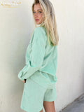 Clacive Fashion Green Women Summer Suit Casual Long Sleeve Shirts Matching Shorts Set Elegant Loose High Wiast Suits With Shorts