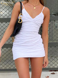 Clacive Sexy Spaghetti Strap White Mini Dresses Women Casual Ruched Sleeveless Summer Women'S Dress  Fashion Slim Lady Dress