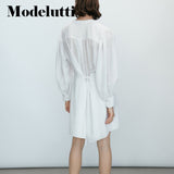 Clacive   New Spring Autumn Fashion Long Sleeve Dress White Solid Color Belt Women Simple Casual Elegant Mini Dress Female